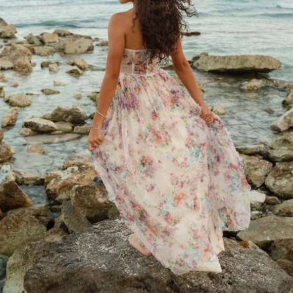 Luxe Floral Print Ruched Corset Party Wedding Formal Dress - Picture 4 of 8